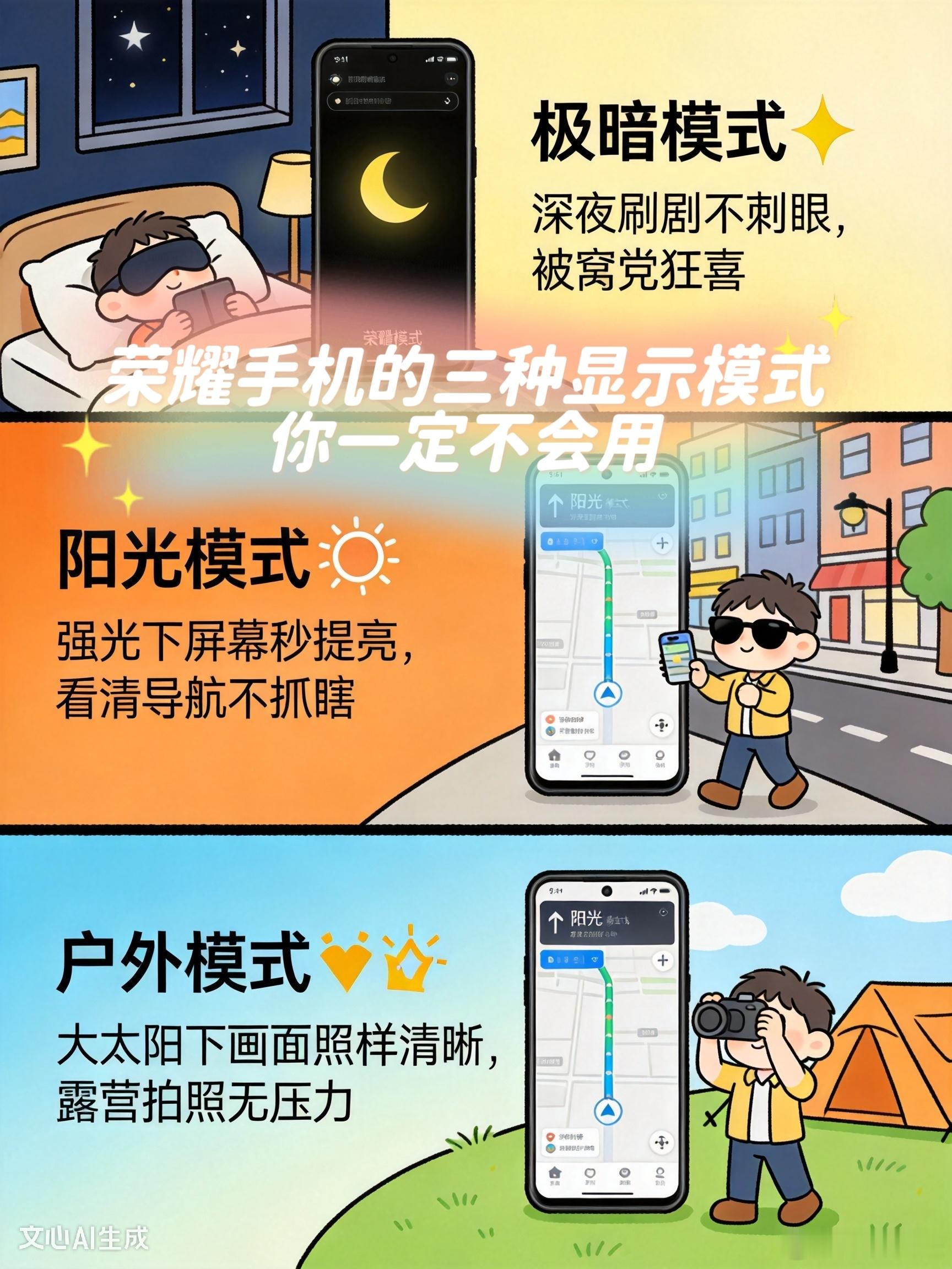 荣耀这三个显示模式是真实懂生活的！🌙极暗模式：深夜刷手机像捧着块墨水屏，亮度低