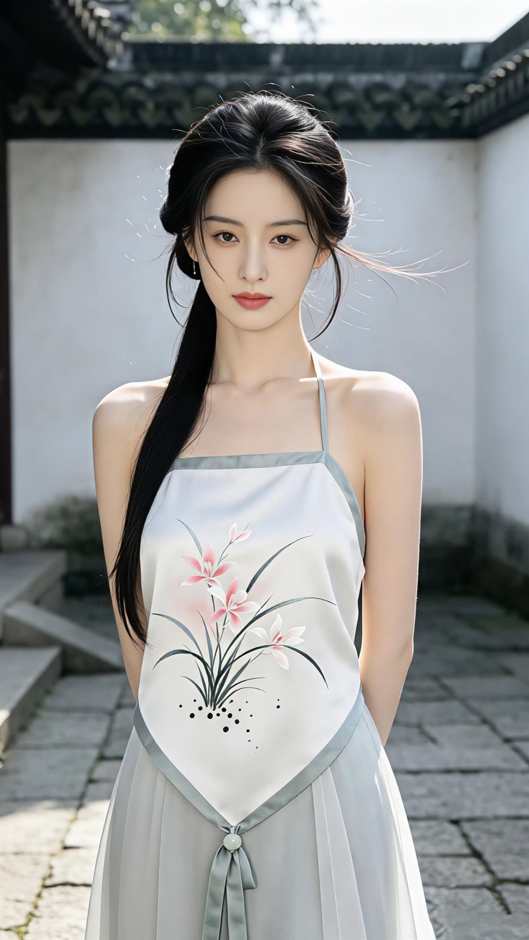 古风少女，白衣飘飘，花影摇曳，如梦如幻。