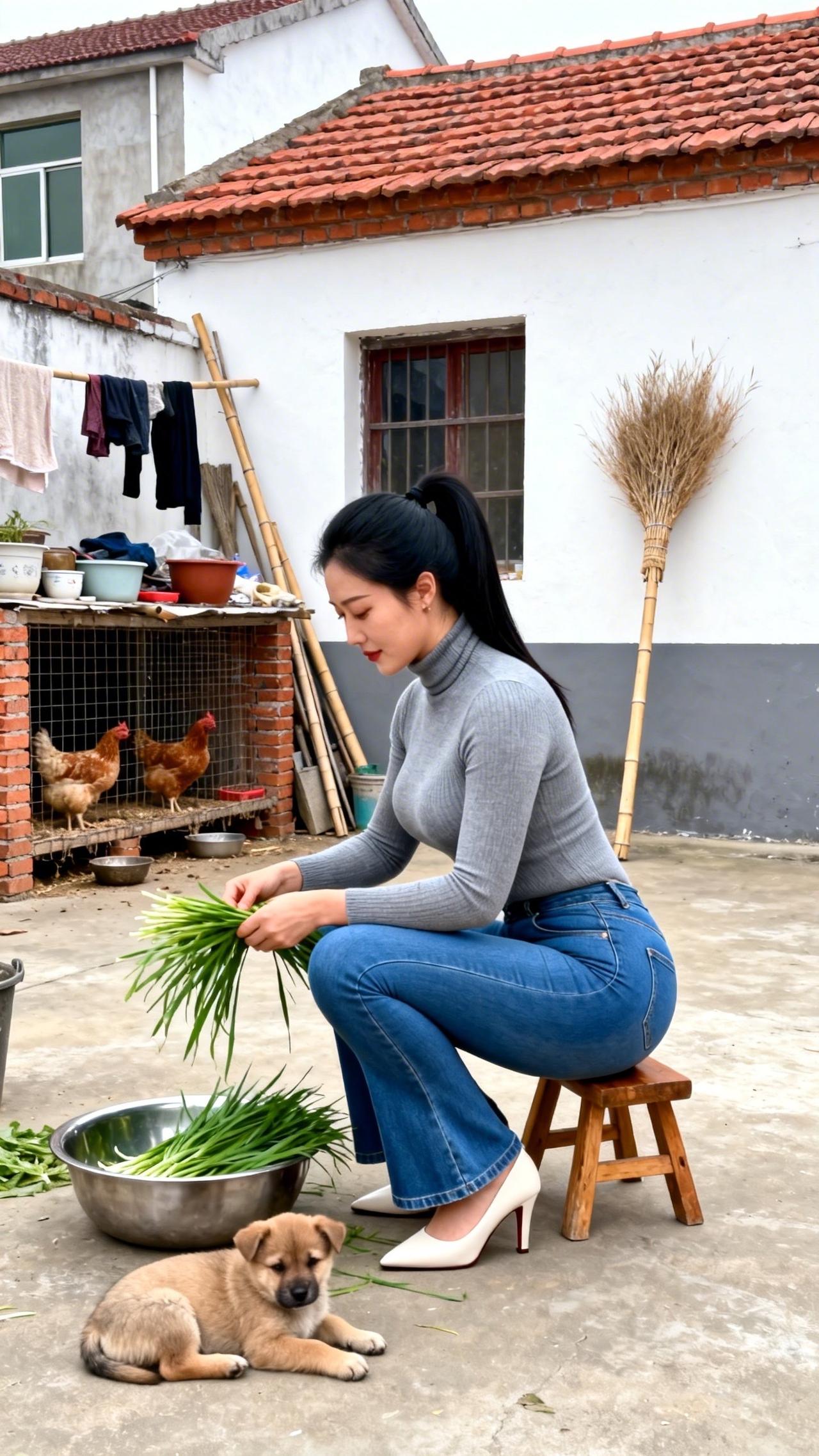 庭院的风裹着烟火气漫过，指尖轻理鲜翠的韭菜，把日常的温柔揉进每一片叶瓣里。檐下鸡