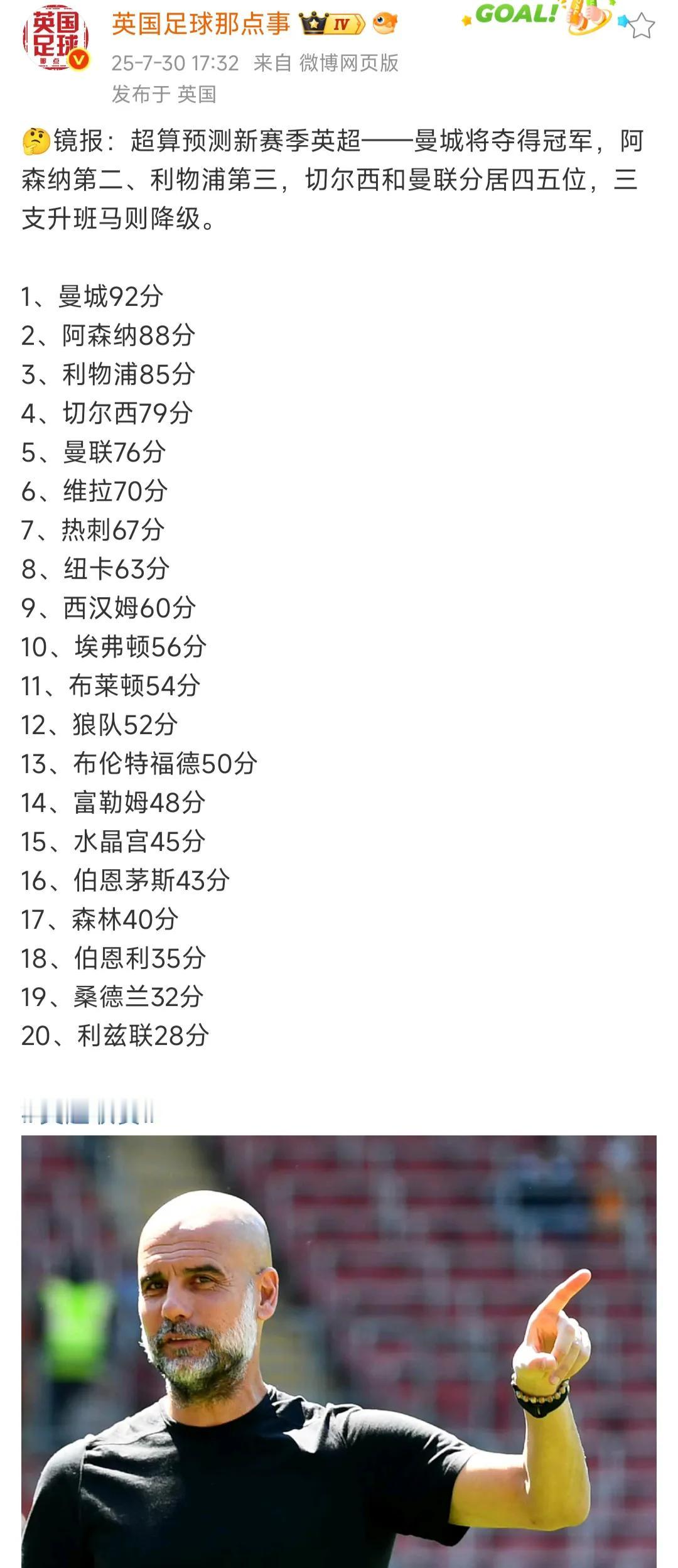 英国媒体预测新赛季英超积分，又在奶利物浦，黑曼城和曼联呀！！故意说曼城排名第