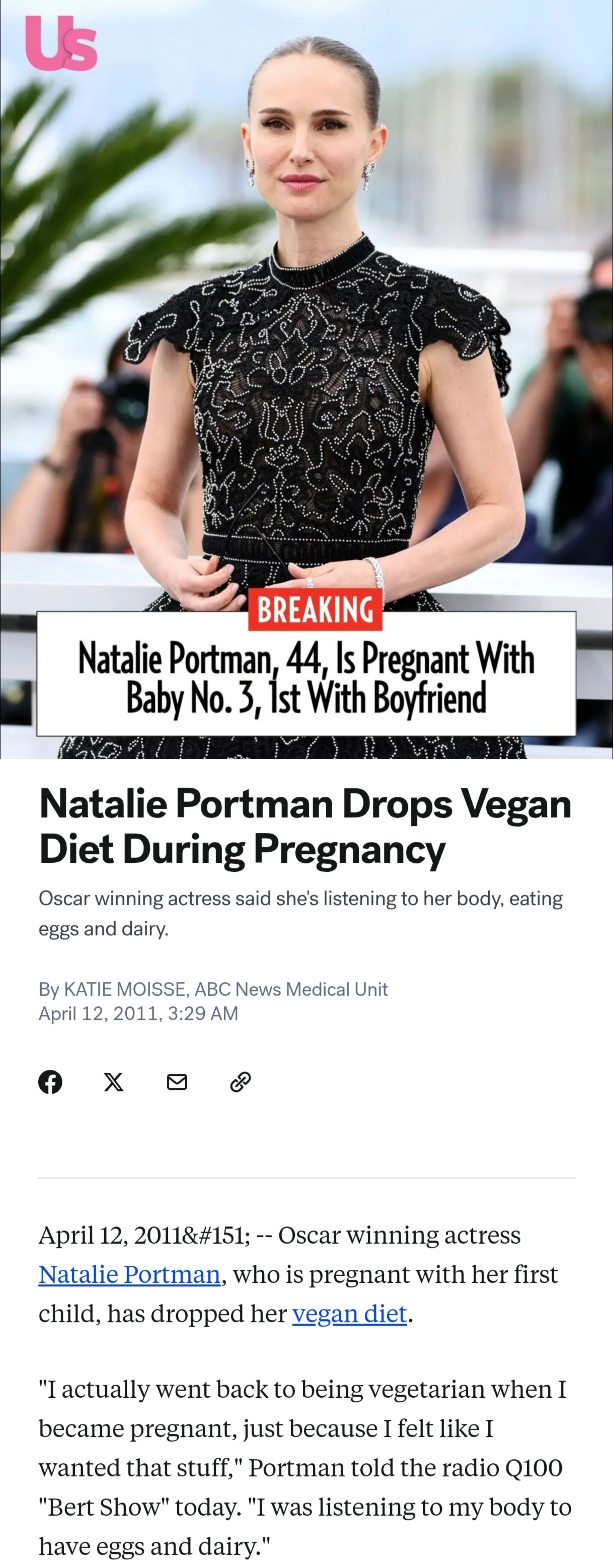 娜塔莉波特曼怀孕¹这位好莱坞影星以提倡纯素食出名。肉蛋奶都不吃，而且动物来源的