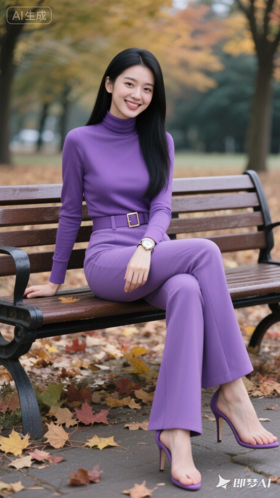 一个女孩坐在公园长椅上，微笑着。