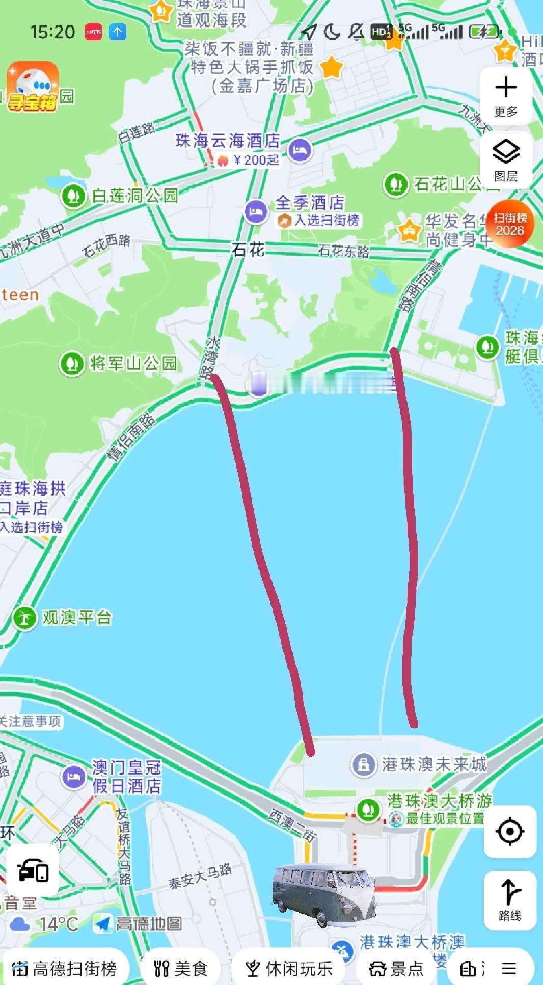 港珠澳大桥人工岛最合理的道路规划一条连接水湾路，一条连接情侣南路。