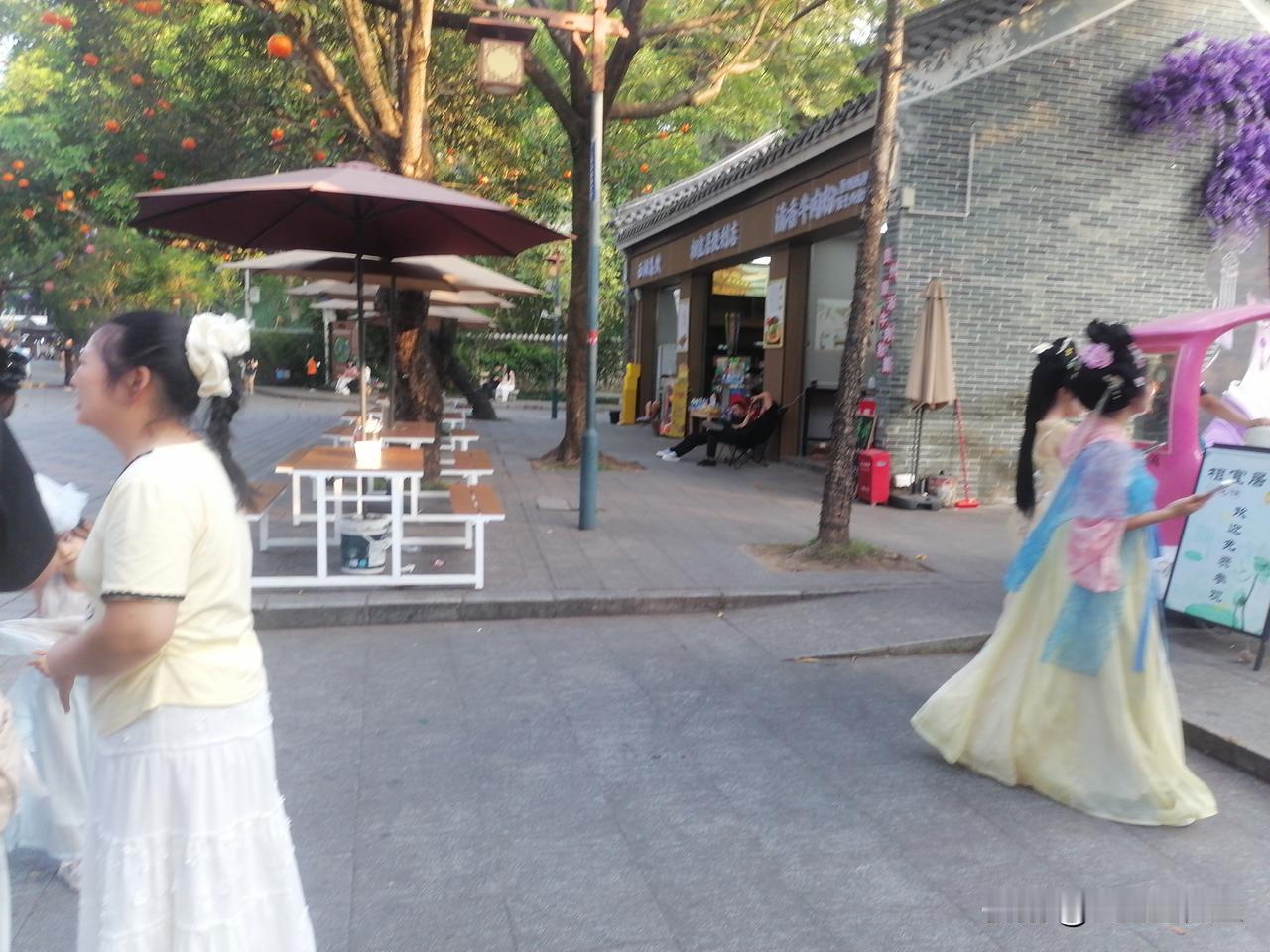树上挂满灯笼，树下行人穿梭，还有打扮成古典美女的拍照模特！