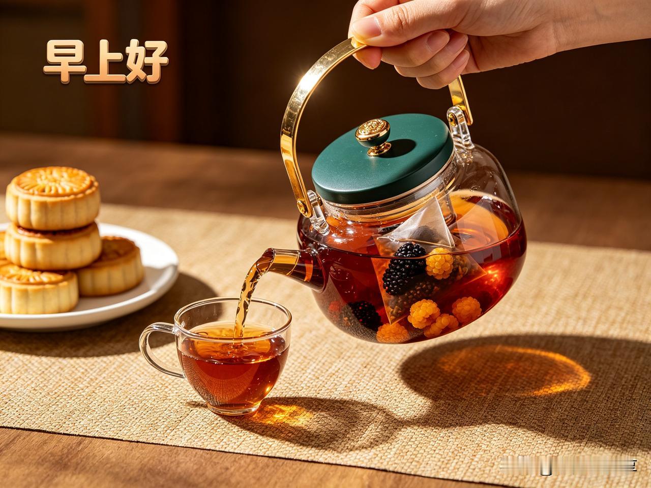 鹧鸪天·晨茗金柄提壶注玉杯，红汤潋滟映朝晖。桑葚枸杞浮沉处，月饼堆盘待客陪