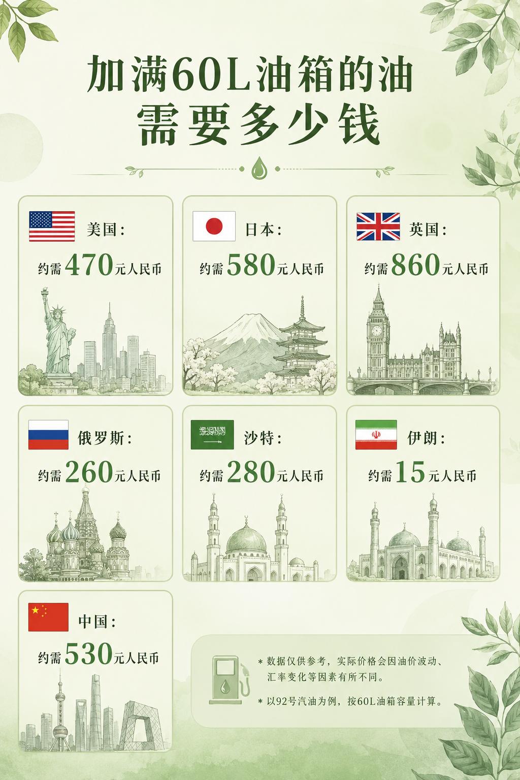 加满60L油箱的油需要多少钱？美国：约需470元人民币日本：约需580元人民