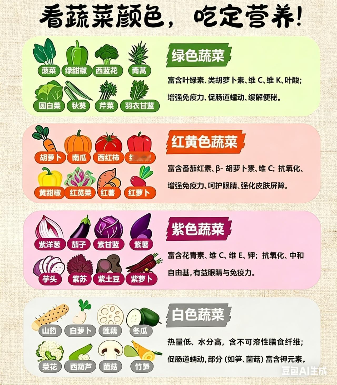 买菜别只挑绿色！不同颜色的蔬菜，营养有差别你是不是每次都随手抓把绿叶菜？其实颜