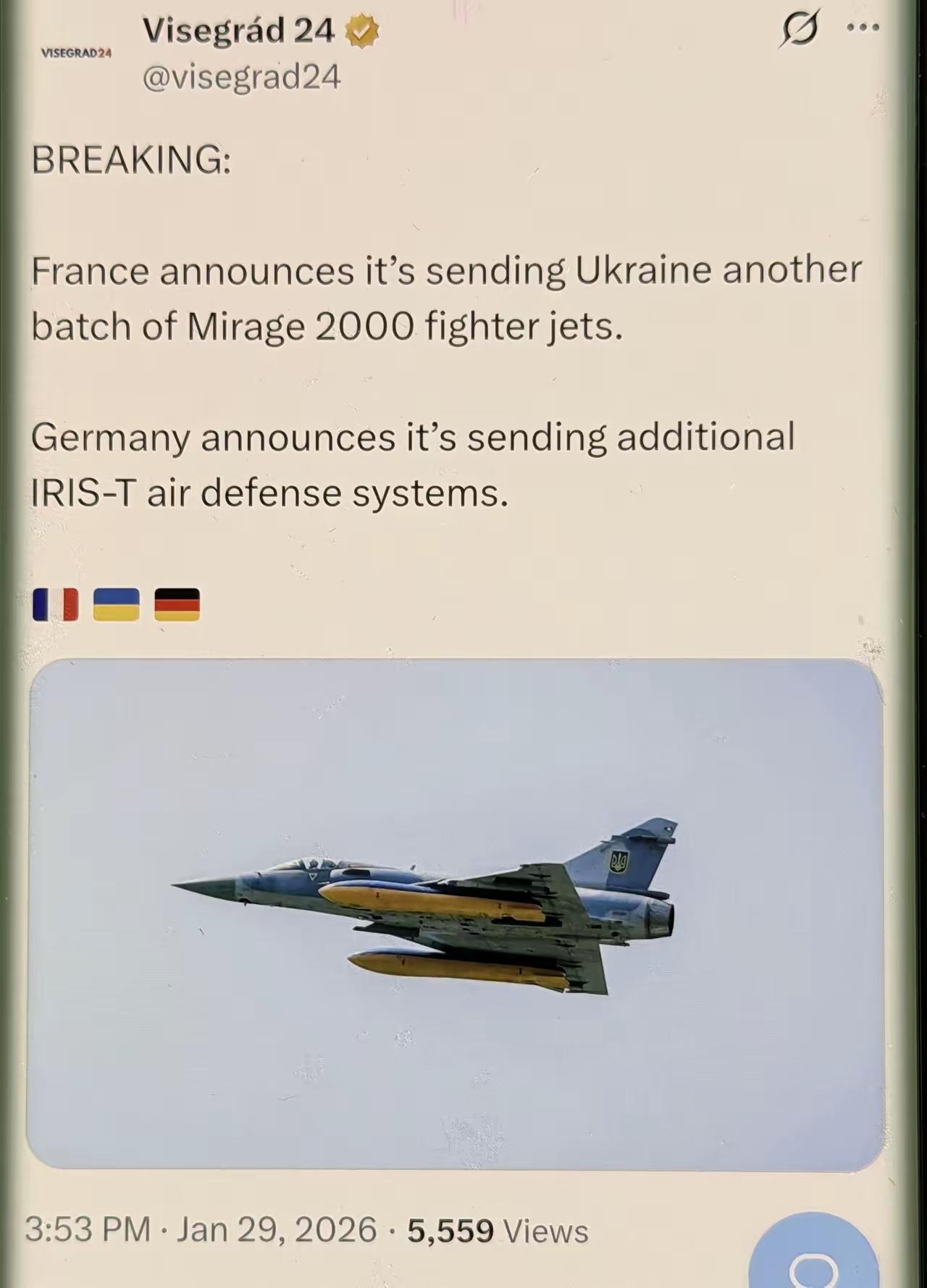 1日29日​从乌克兰方面传出好消息，法国将会对乌克兰提供一批幻影-2000战斗机