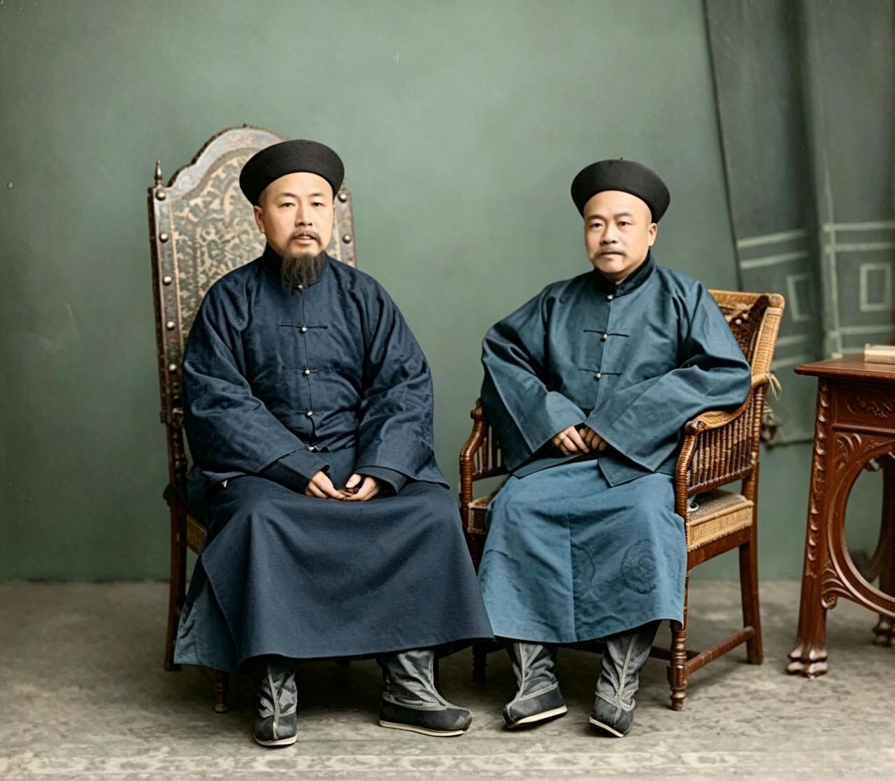 这是当时掌控经济命脉的两江总督端方与中国首任法部尚书戴鸿慈。两人都各有独属于各自