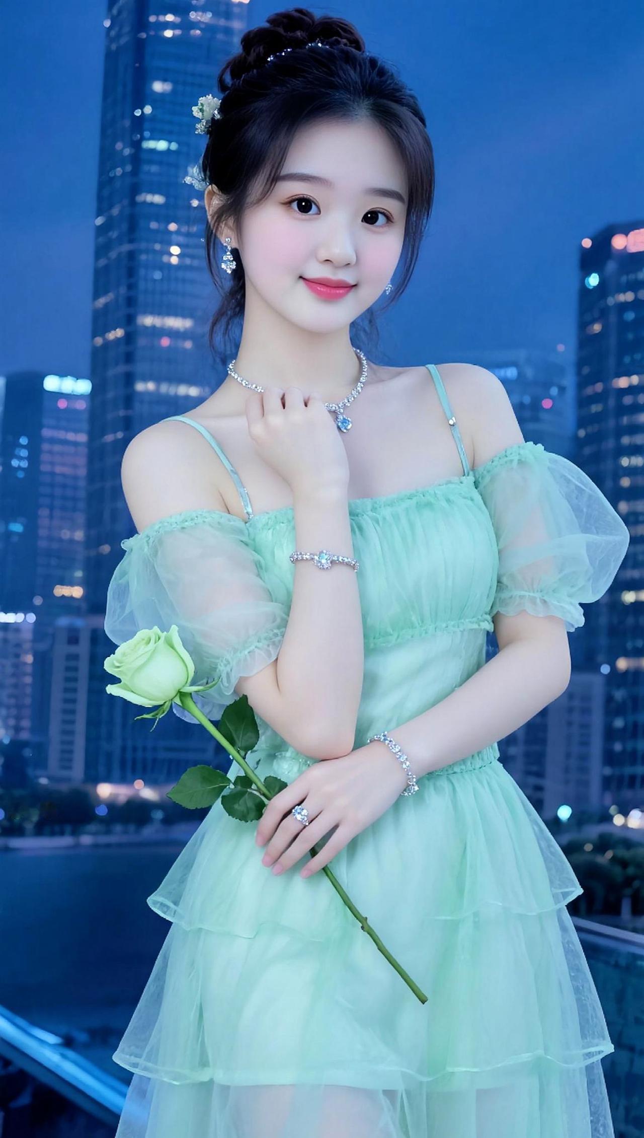 谁拍谁好看绿纱浪漫AI薄荷夜景写真随变ai随便玩