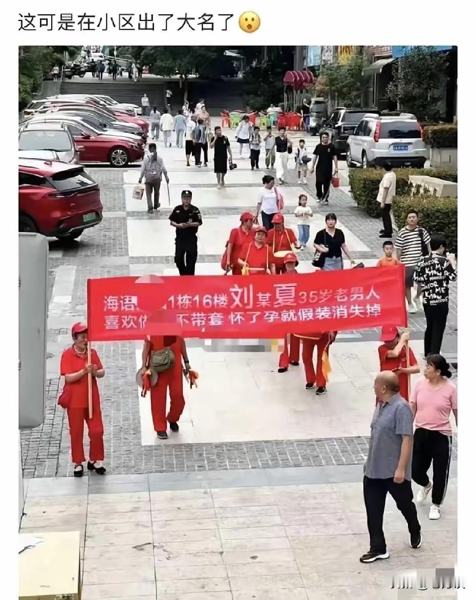 西南某城市某小区，几个中老年妇女抬着一个横幅在小区晃悠。横幅上写着:某某小区几栋