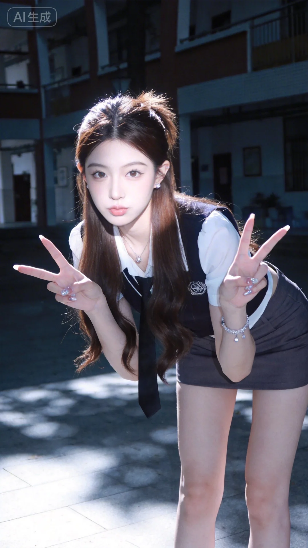 一位扎着辫子、穿着校服的女孩子，身高173厘米，偏瘦，镜头比耶，全身镜头，镜头互