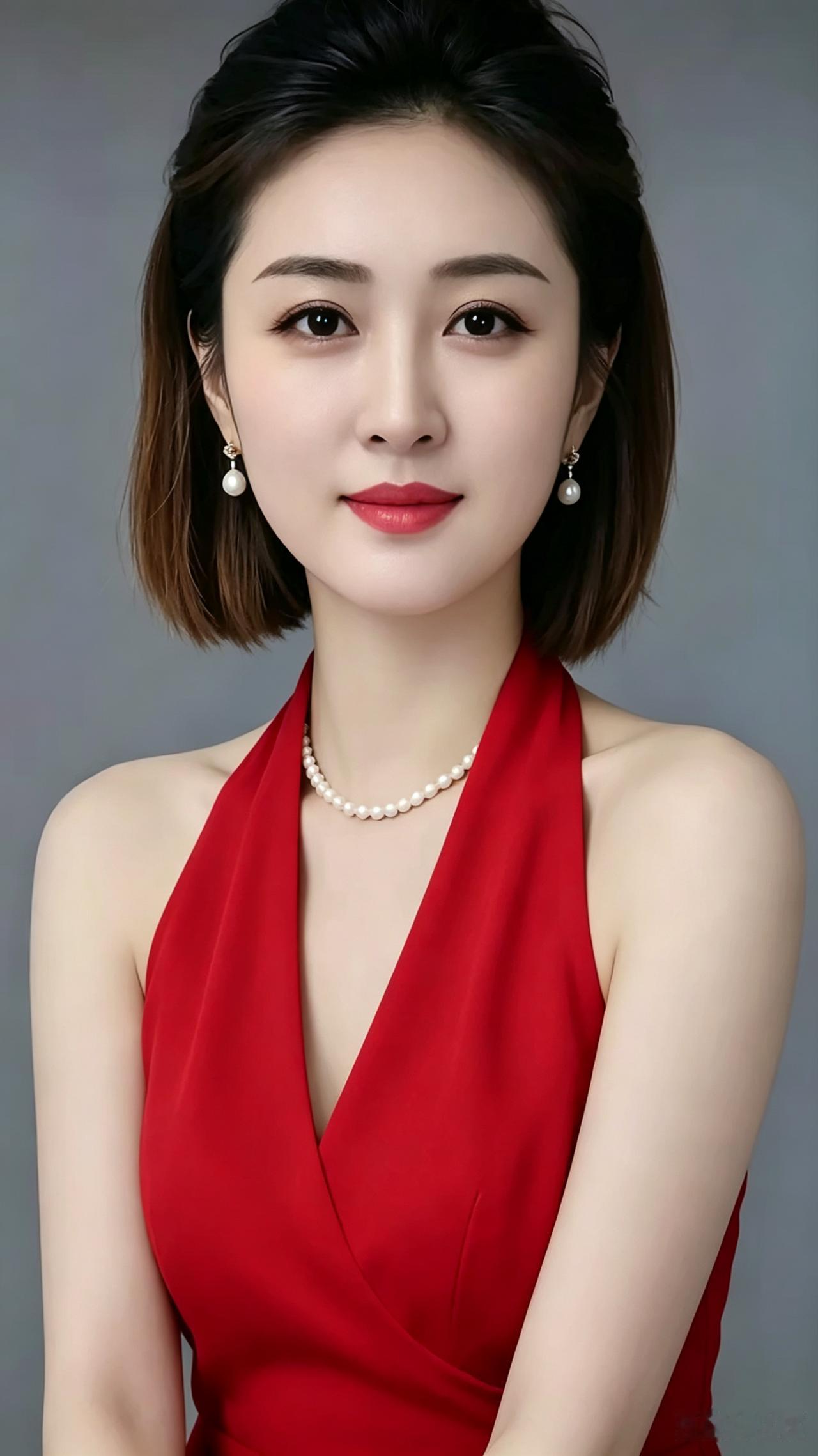 1.容颜温婉自含光2.一袭红裙韵致扬3.眉眼柔盈藏笑意4.端庄雅正