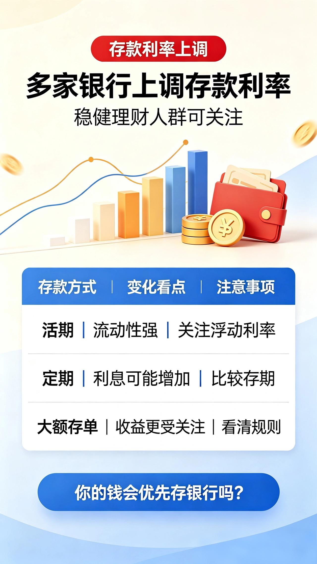 标题：多家银行上调存款利率，存钱的朋友可以留意，你会选择存银行吗？多家银行上调