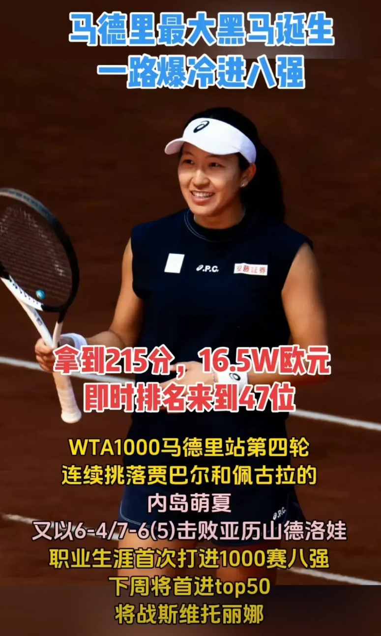内岛萌夏很好的示范作用诠释了什么叫做“勤能补拙”，身高174的内岛萌夏在日本网球