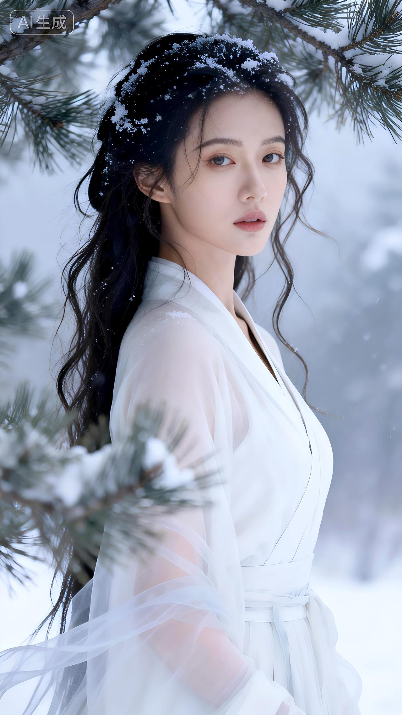 寒月听松：松风拂冷月，孤影映雪间，青丝乱琼瑶，凝眸染霜烟。壁纸写真豆包