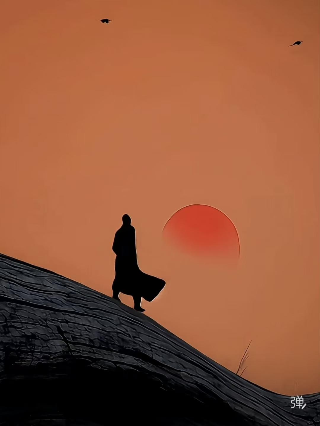 清江引·古道孤影长虹古道暮烟绕，苇草苍天杪。孤身立石阶，只影迎风峭，残