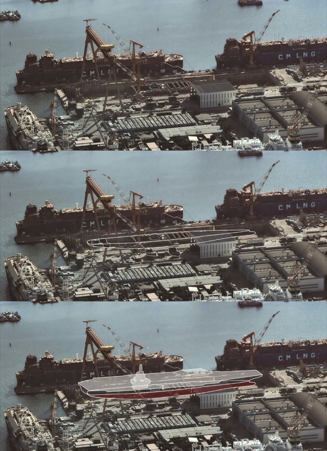 网友做的004航母在船坞内的示意图，虽然004是核的，吨位也大出了4万吨，但建