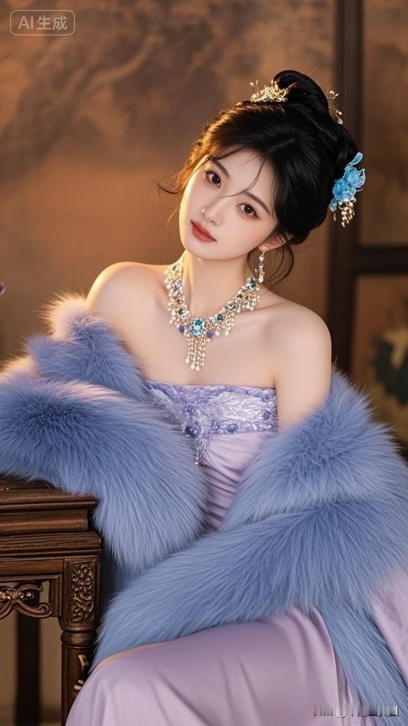 梦幻古风美人，蓝宝石项链闪耀，唯美发饰点缀，宛如画中仙子。