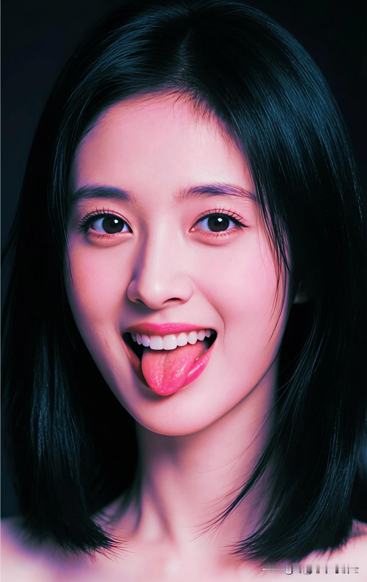 美女五官生得妙，乌发披肩随风飘。大眼弯眉高挺鼻，面若桃花惹人瞧。只可惜，口吐香舌