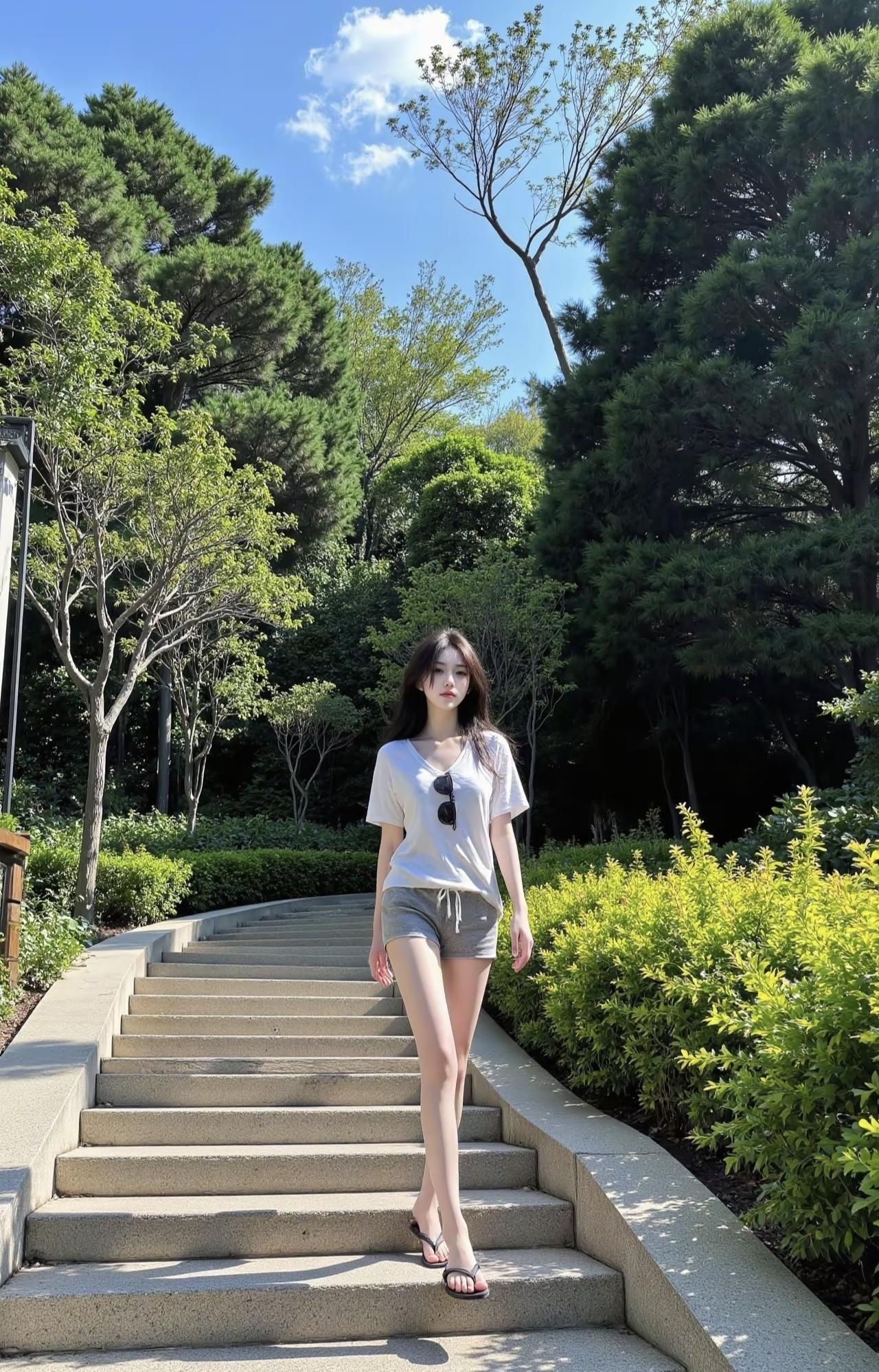 晴日把绿意揉得很软，风裹着草木香漫过石阶。白T恤和拖鞋是松弛的注脚，连影子都跟着