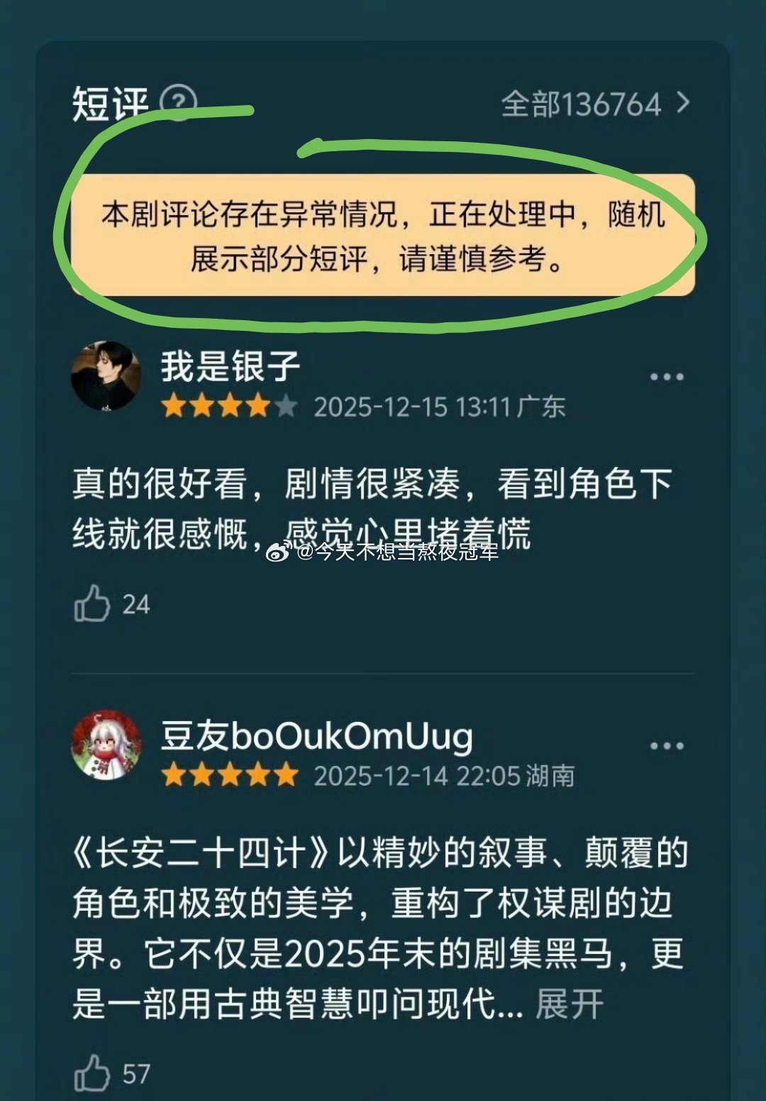 成毅《长安二十四计》短评已经超过13w，但目前显示评论区异常，已经关闭了《赴山海