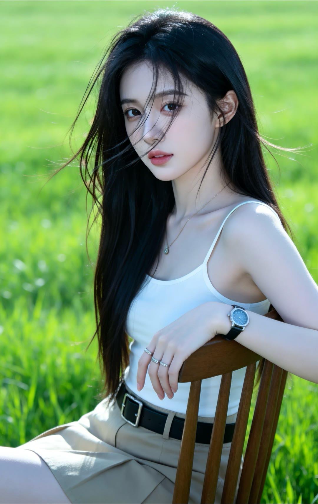 阳光下的少女，微风轻拂发丝，清新自然，美不胜收。