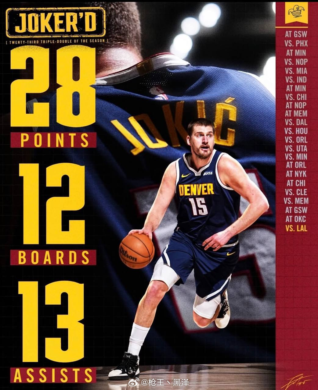 掘金战胜湖人北京时间3月6日，NBA常规赛：洛杉矶湖人客场挑战丹佛掘金，湖人末