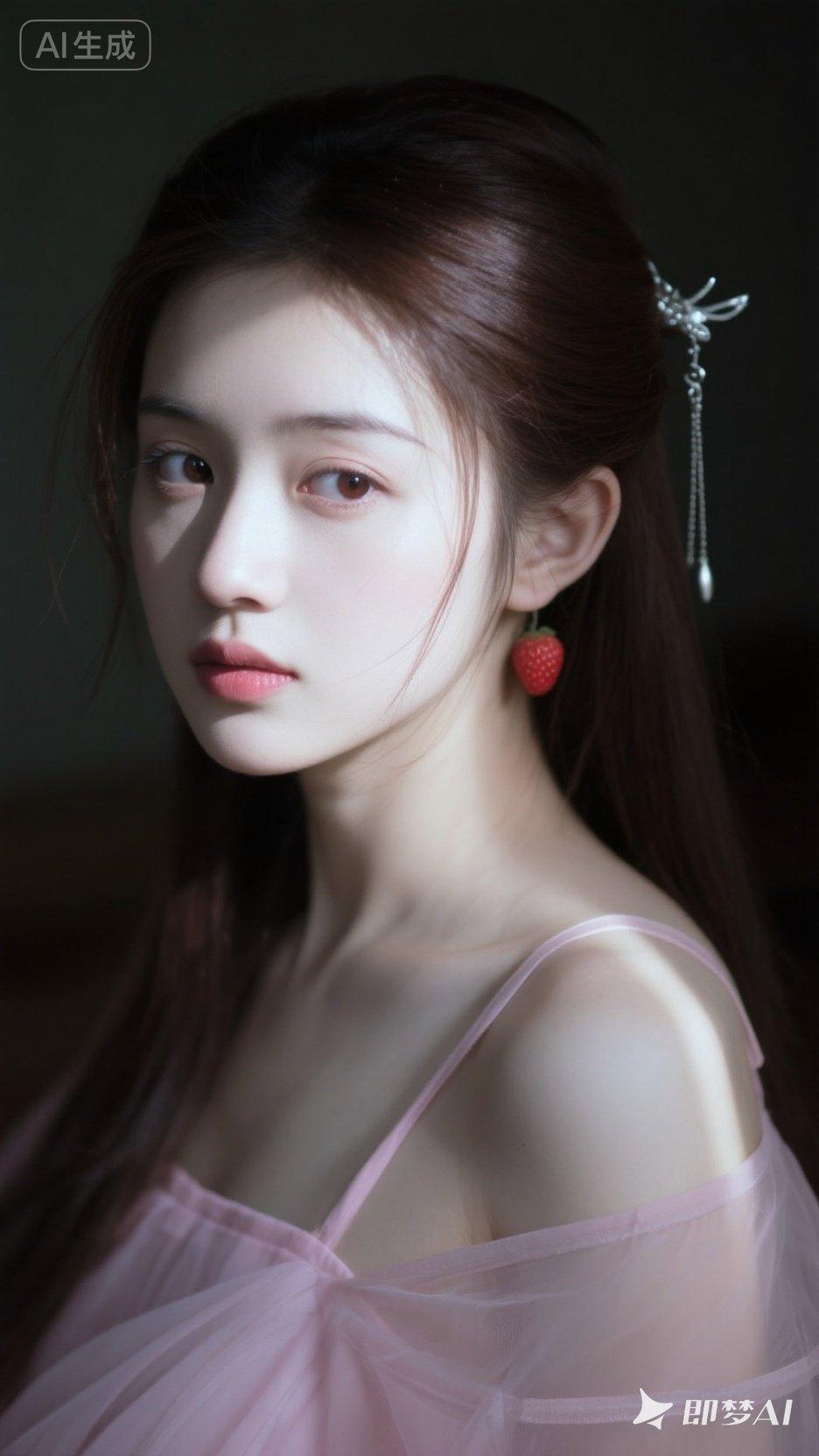 梦幻少女风，粉色薄纱裙，甜美草莓耳饰，温柔氛围照。