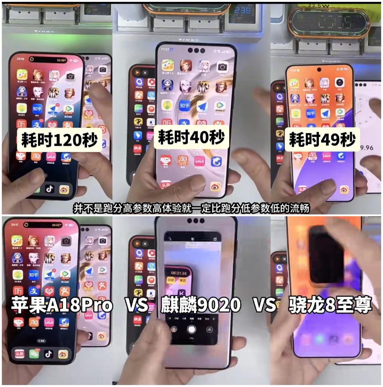 同时打开50个应用对比苹果18Pro<骁龙8至尊版<华为鸿蒙系统9020，跑分