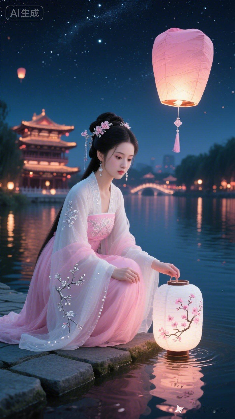 月下赏灯，古风少女与樱花灯共舞！