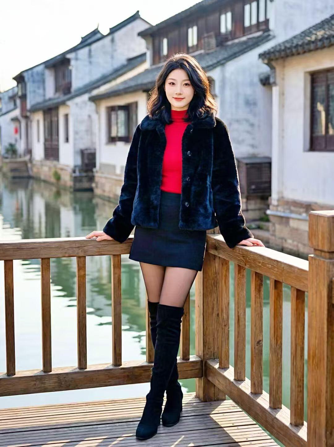 桥上美人倚栏杆水边古韵映红妆