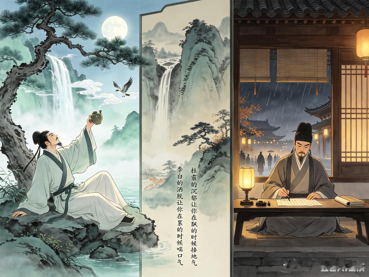 你对李白和杜甫的看法是什么?说到李白和杜甫，我觉得他们就像大唐诗坛的两颗巨星，一