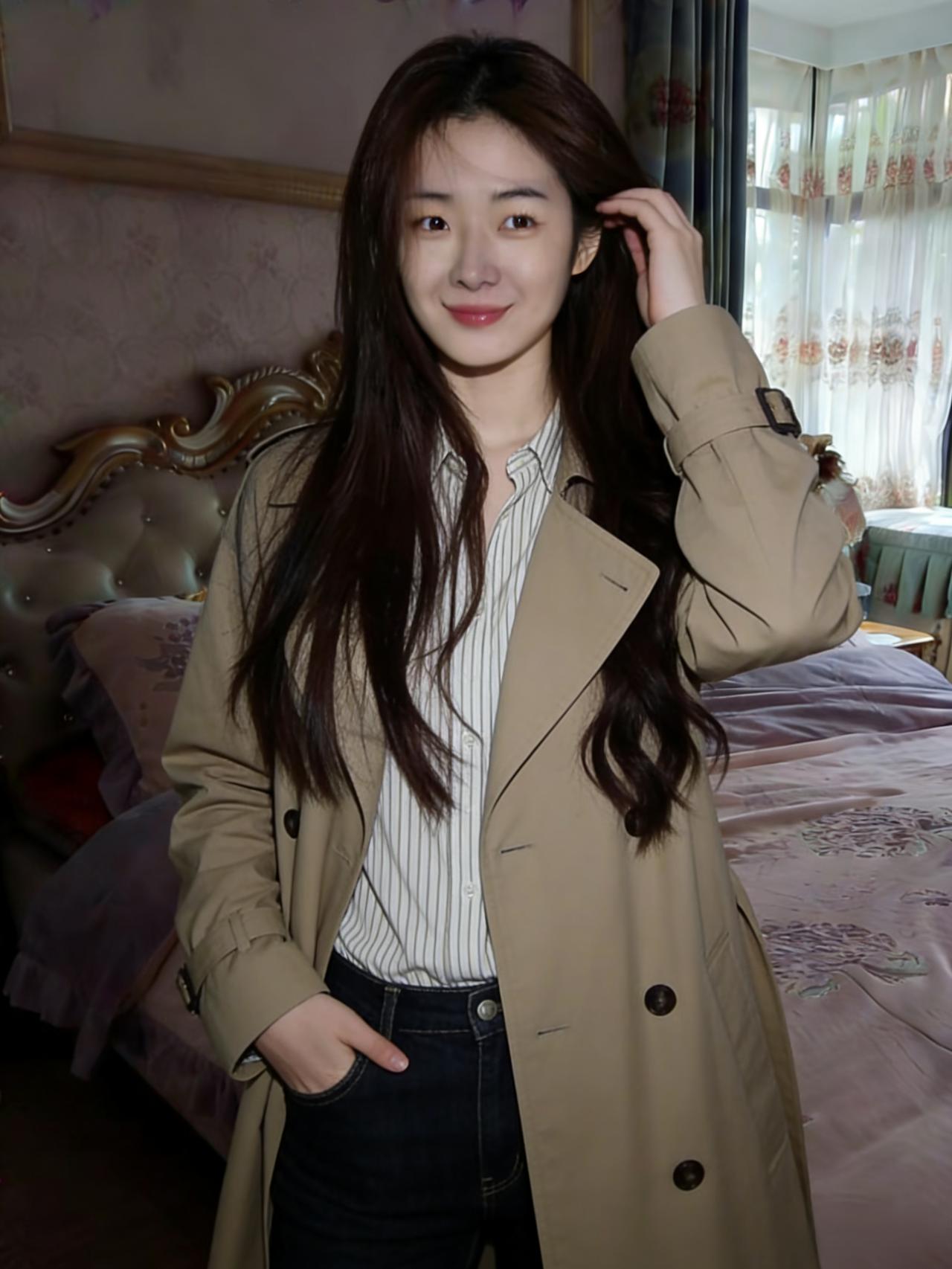 风衣裹住一室的温柔条纹衬衫藏着未说的暖秋指尖绕着发梢的丝滑像风掠过窗，轻触