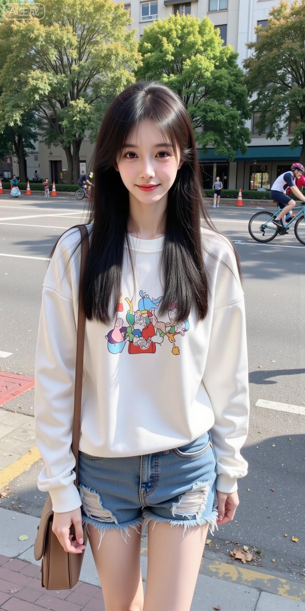 街头元气甜妹的松弛感穿搭奶白卡通卫衣搭破洞牛仔，甜酷感刚好踩在审美上~长发