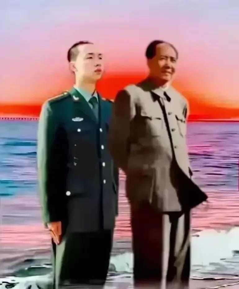 那张合成的海边同框照，总让人盯着看很久。海风掀起衣角时，两代人挺拔的身影叠在浪涛