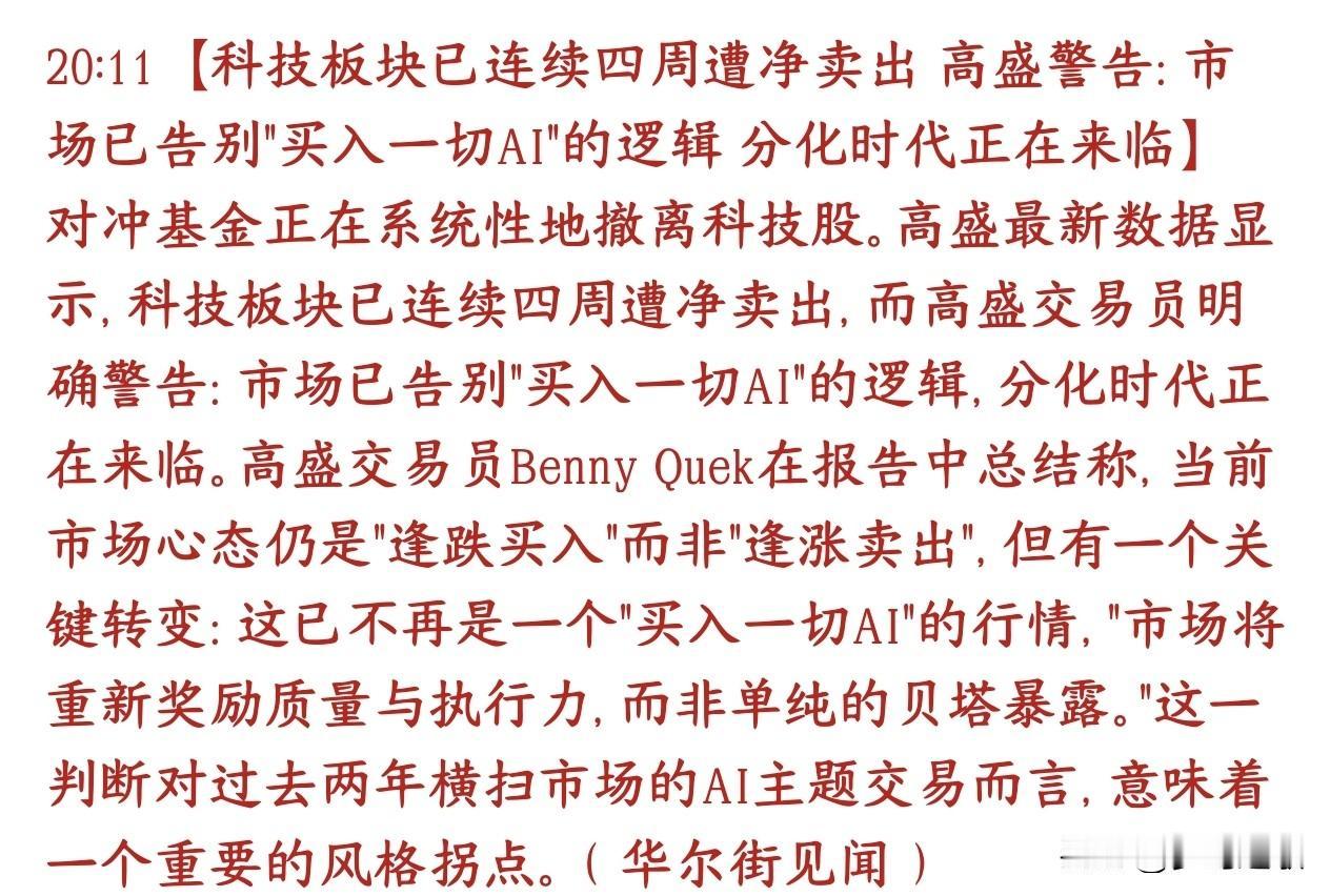 大机构开始提示AI科技股的风险，机构在疯狂减仓高盛提示全球对冲基金连续四个礼拜