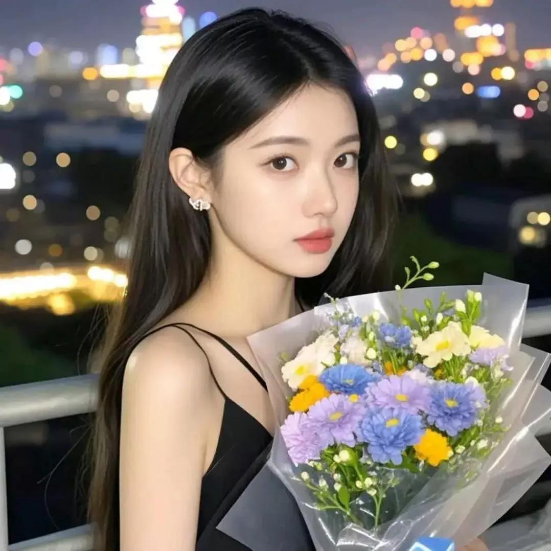 夜幕下的城市风光，手捧鲜花，浪漫动人日落城市氛围黄昏城市美景夜幕之下的景色