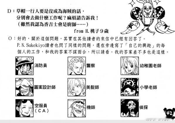 海贼王扉页：山治是一名理发师。应该对应的是当初SBS那个吧​​​