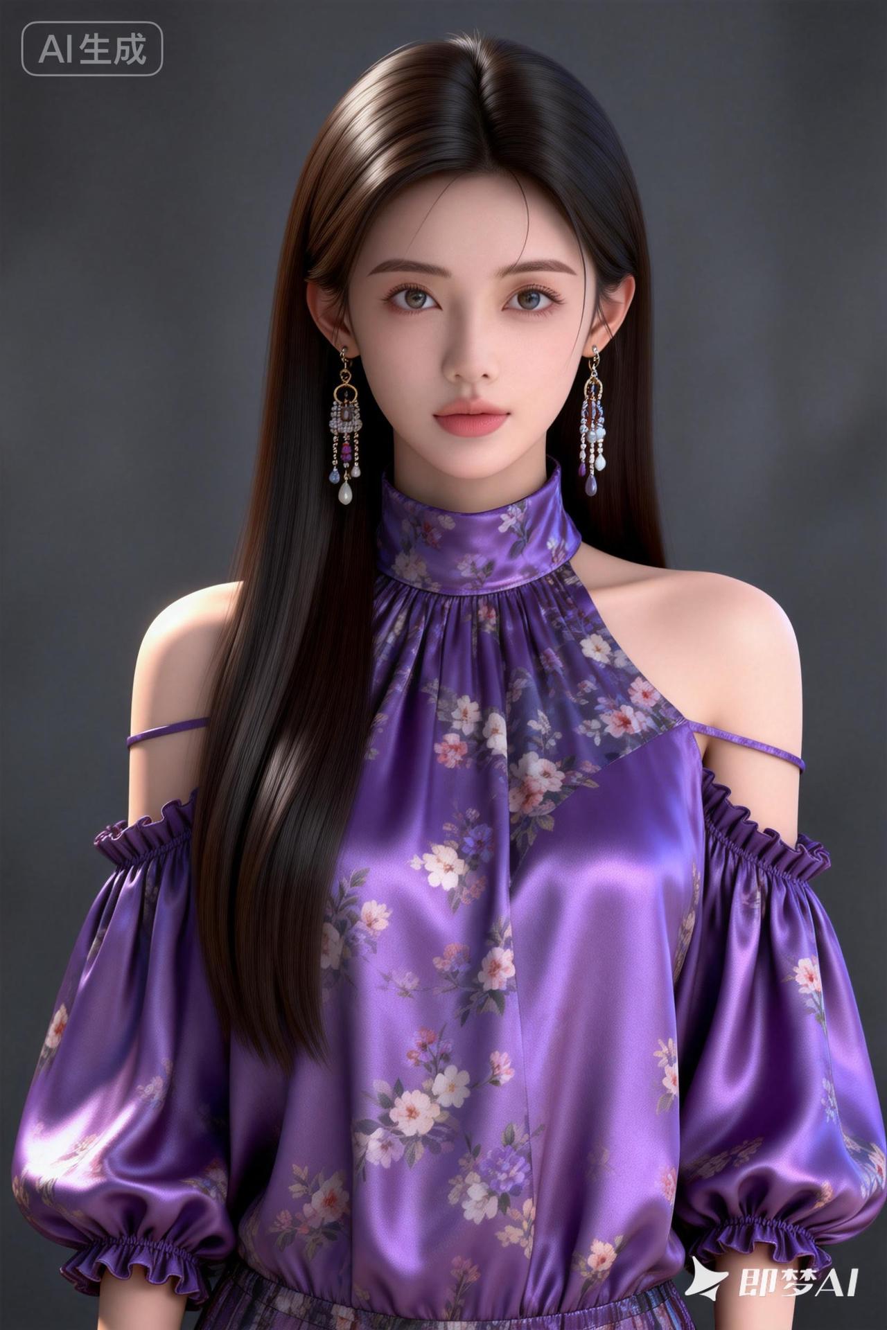 18岁美女，优雅，发丝柔顺有光泽，黑棕色长直发，浓眉大眼睛明亮有神，皮肤白皙，长