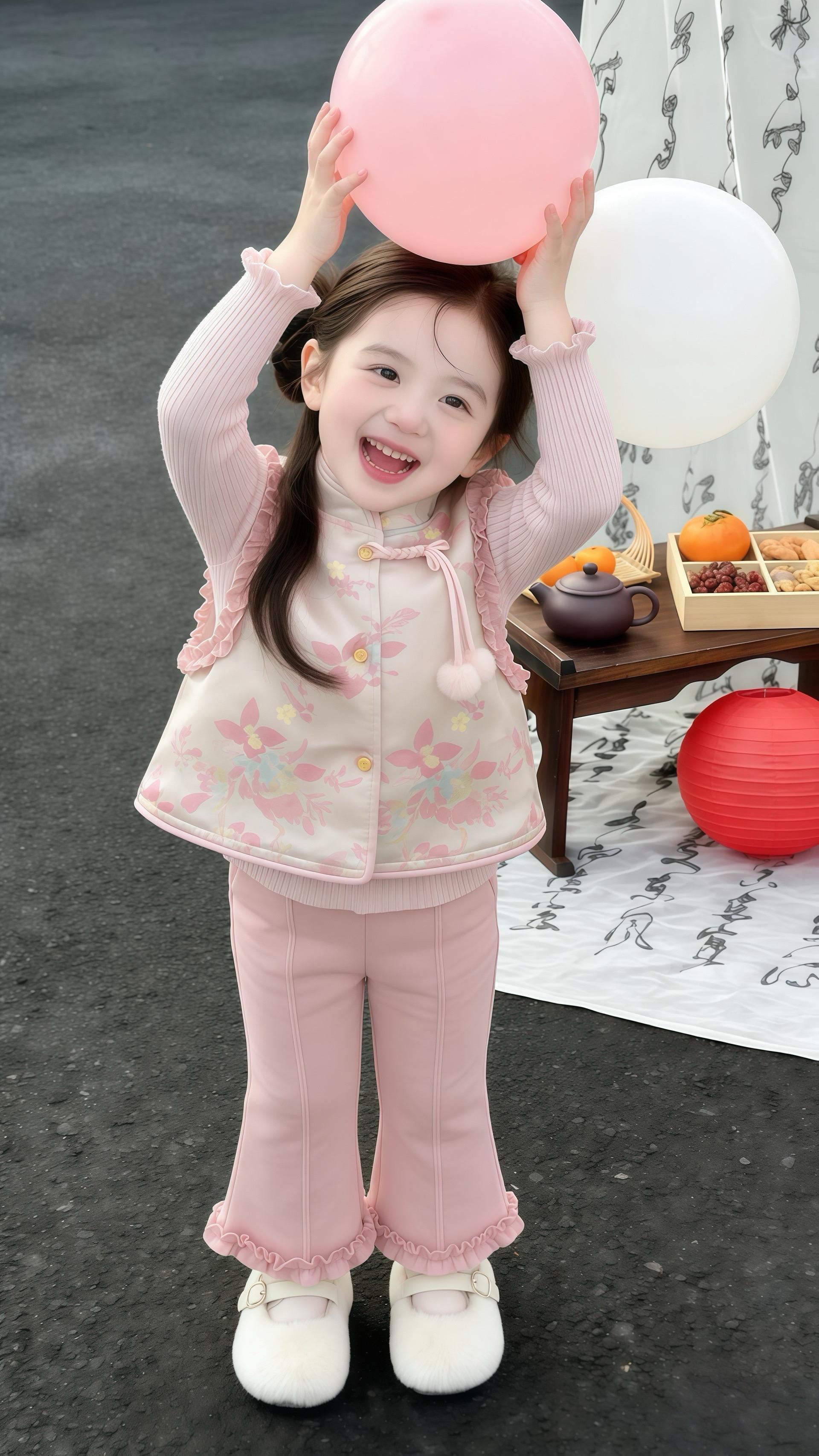 谁能拒绝这么可爱的新年女童套装啊！女宝穿这套粉色国风装，手拿红包笑眼弯...