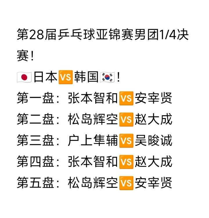 果然！张本智和一单出战！韩国男团缺了张禹珍！第28届乒乓球亚锦赛男团1/4决