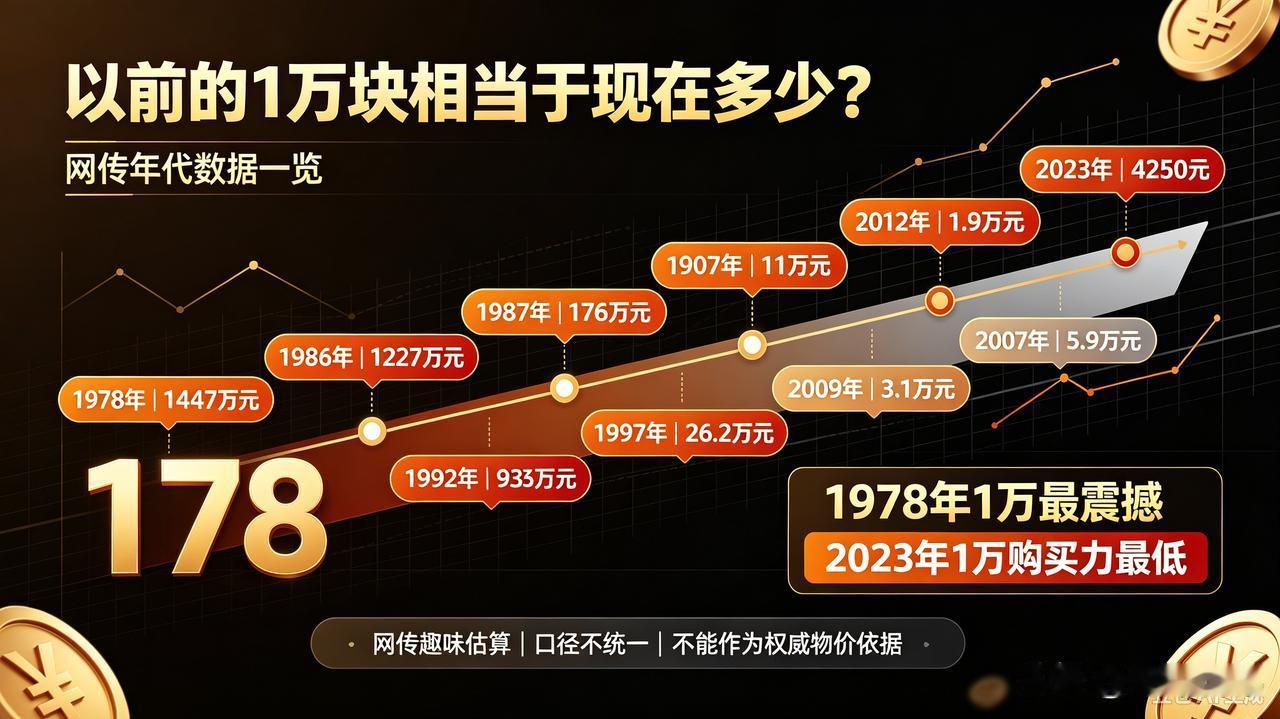 以前的1万块相当于现在的多少？1978年：一万块相当于现在的1447万元19