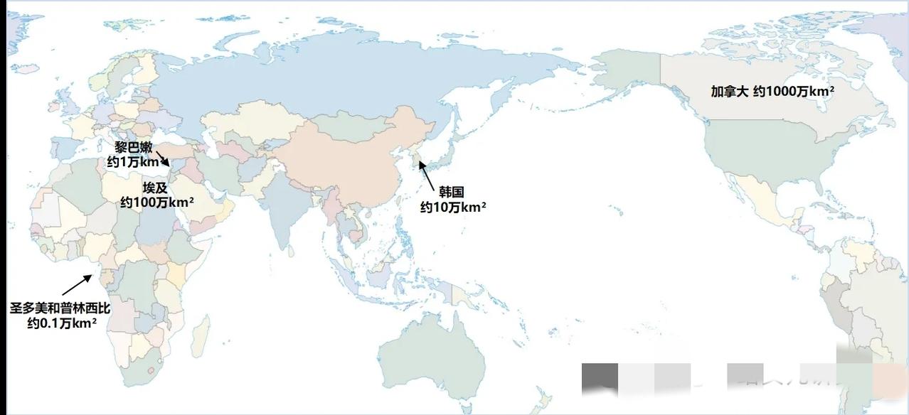 有趣的是：0.1万km²、1万km²、10万km²、100万km²、1000万k