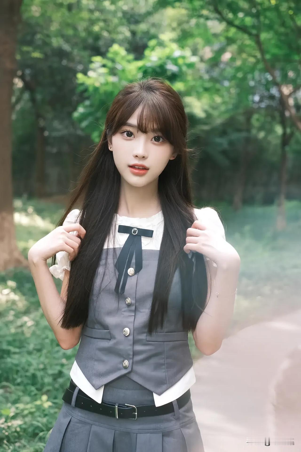 校园风少女，绿意盎然中绽放青春活力！🌿💖