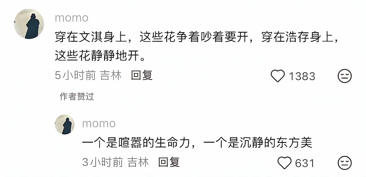 不得不感叹，有时候文学家在评论区刘浩存和文淇穿同样的裙子，网友评论说一个像花争着