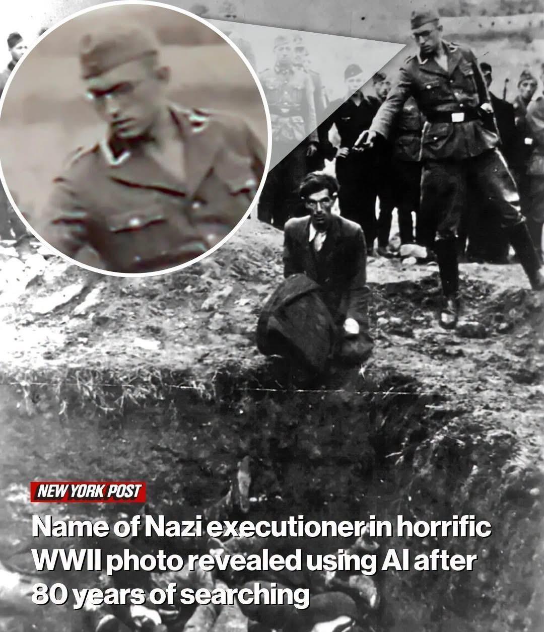 1941年7月28日，乌克兰文尼察郊外的万人坑边，一名犹太男子跪在地上，枪口抵着