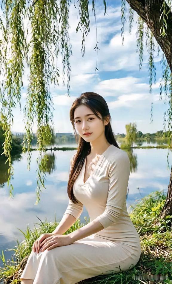 柳丝轻拂碧水，素衣静坐，惊艳了湖光春色。