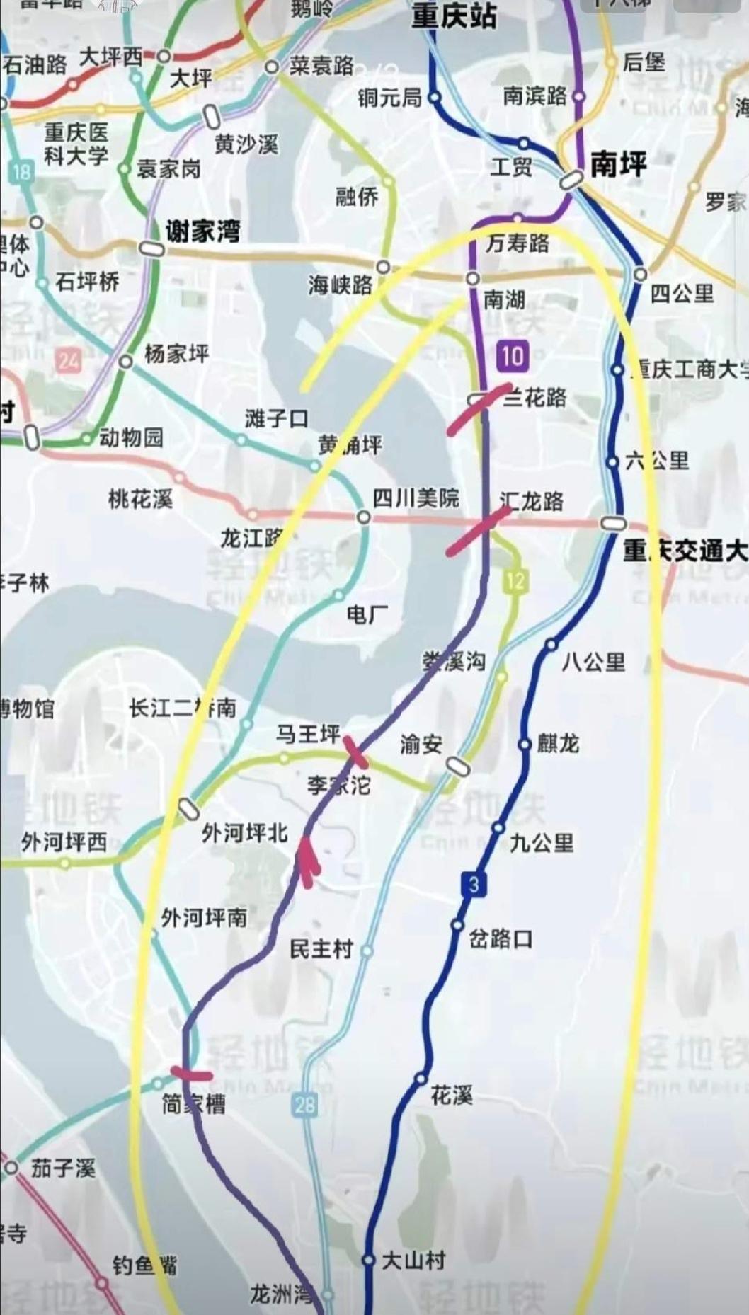 重庆的朋友们，假如这图能实现，那真的是天大的好事！当然，这图中画的几条轨道交通线