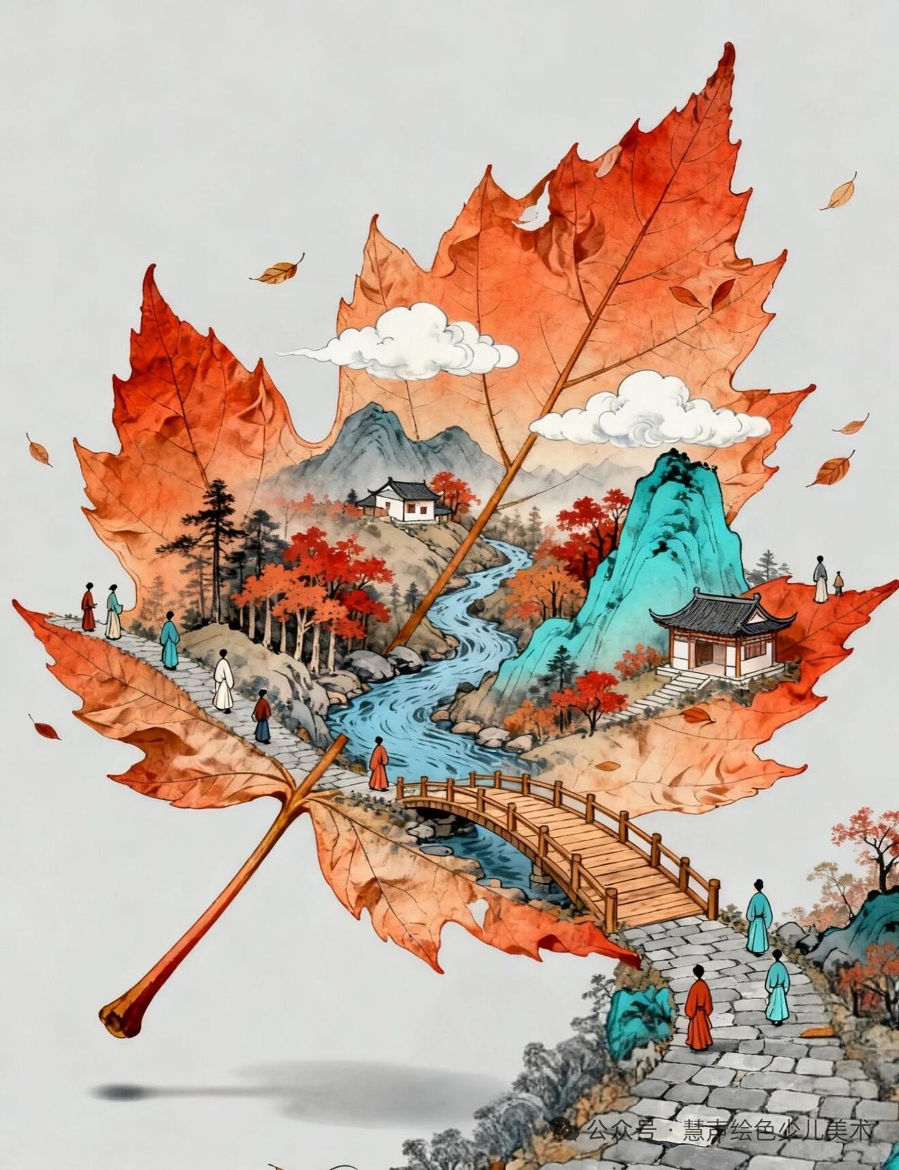 创意美术作品欣赏，枫叶上的山水画！（图片来自网络，仅作分享，如有侵权请联系删除哦